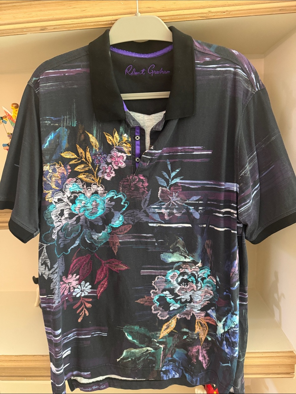 Robert Graham Black Polo with Teal Purple & Gold Floral Print